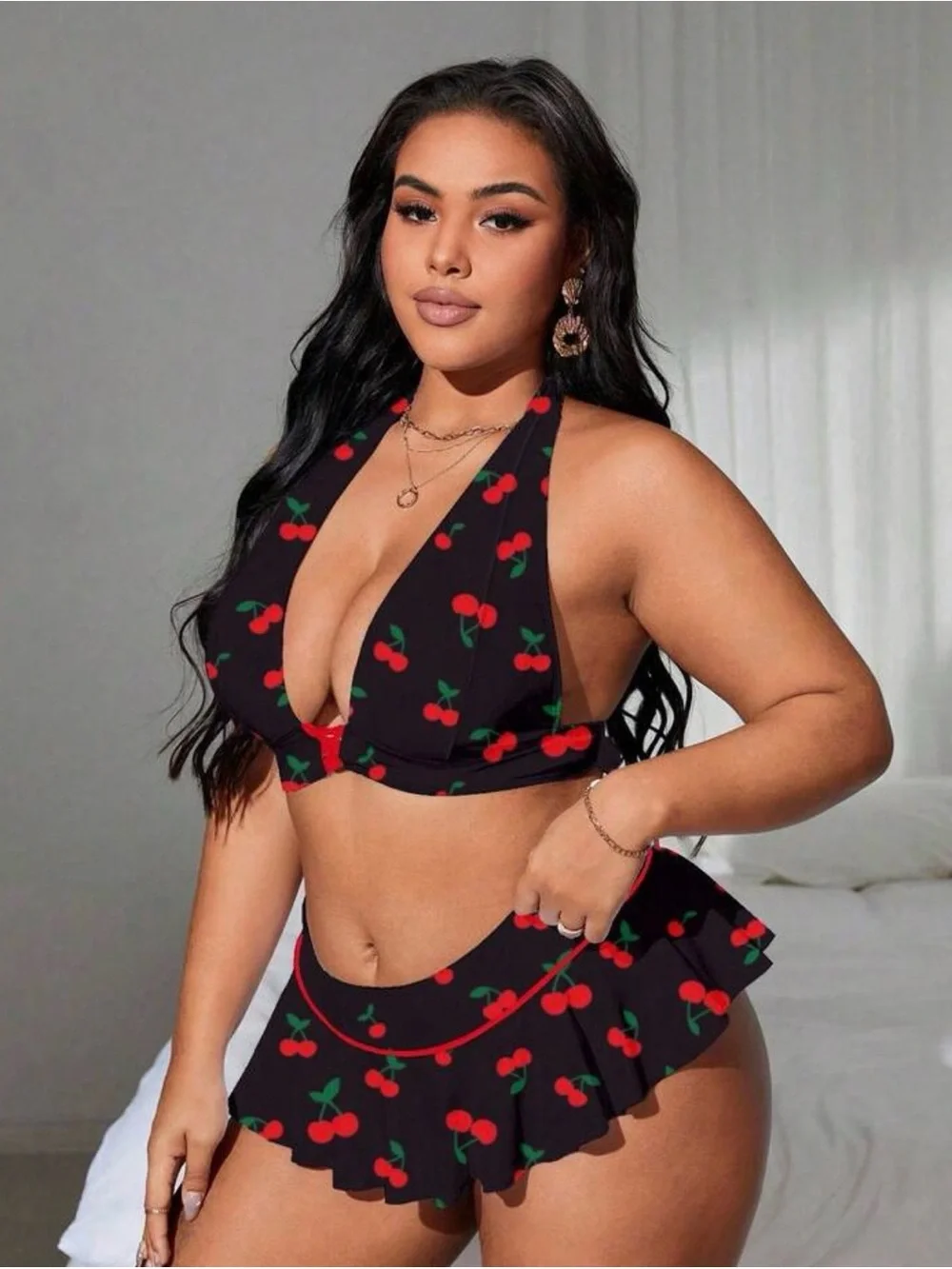 SHEIN Black Cherry Print Halter Skirted Bikini Set